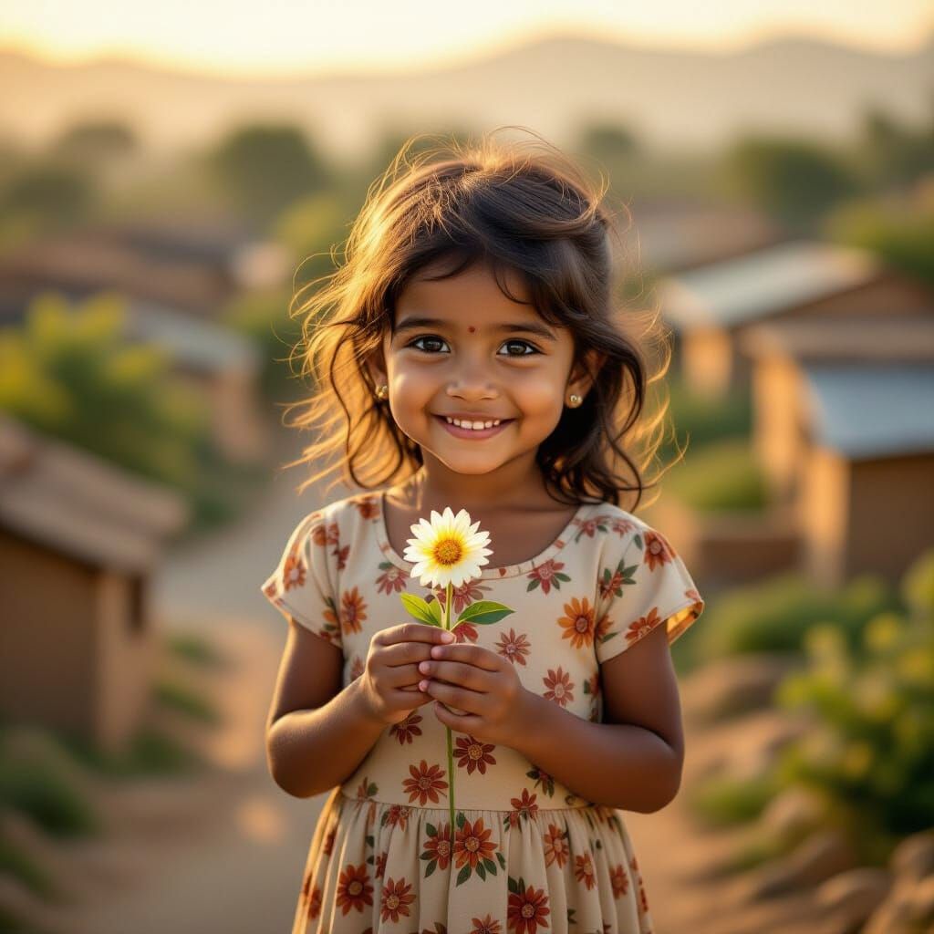 Indian Girl with Flower in Golden Hour Village