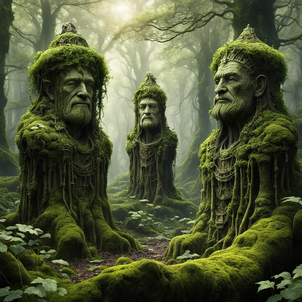 Moss-Covered Statues of Forgotten Kings in Dense Forest