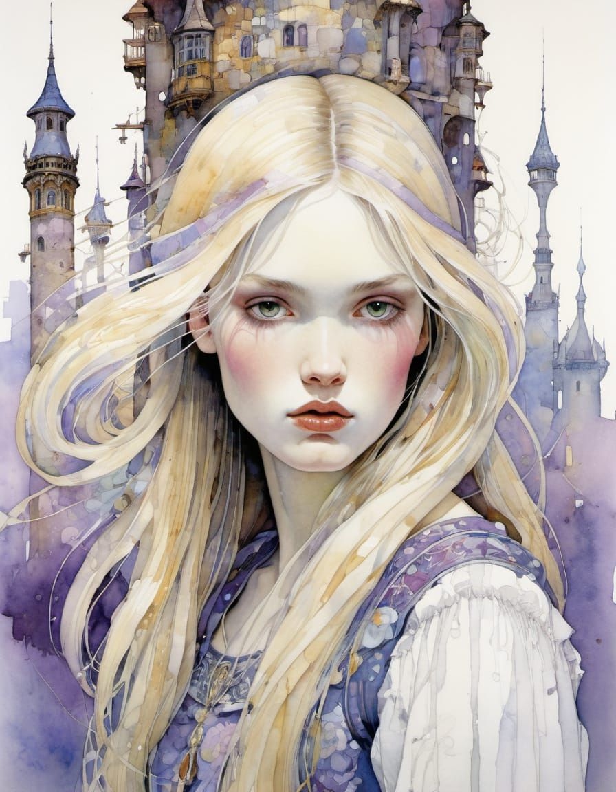 Rapunzel in Tower, Pre-Raphaelite Style