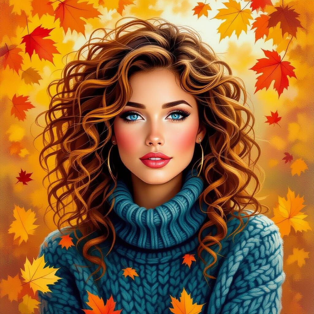 Autumn Woman with Fiery Curls and Blue Eyes