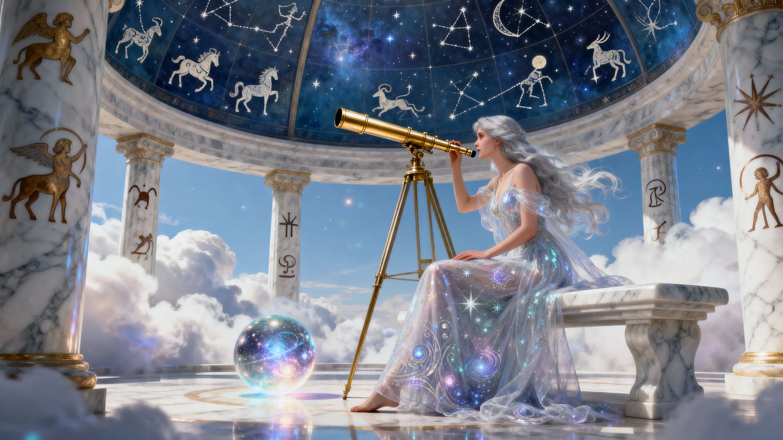 Celestial Woman Gazing Through Telescope in Starry Dome