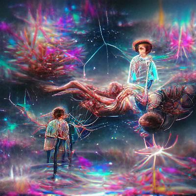 Holographic Cosmic Illustration in Pablo Amaringo Style