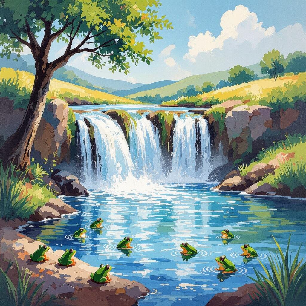 Waterfall Scene in Gouache and Watercolor Style