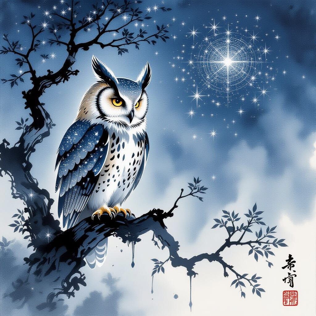 Stardust Owl in Japanese Ink Wash Painting