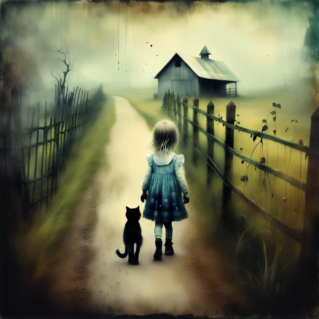Little Girl and Cat Walking in Surreal Style