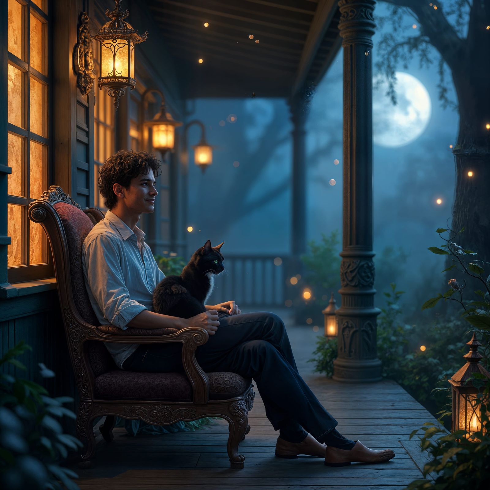 Sitting in Comfort with a Feline Friend