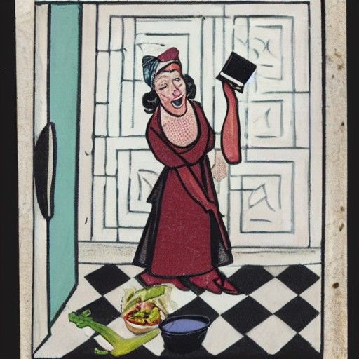 Madam Kadmon Scraping Tiles: A Surreal Depiction