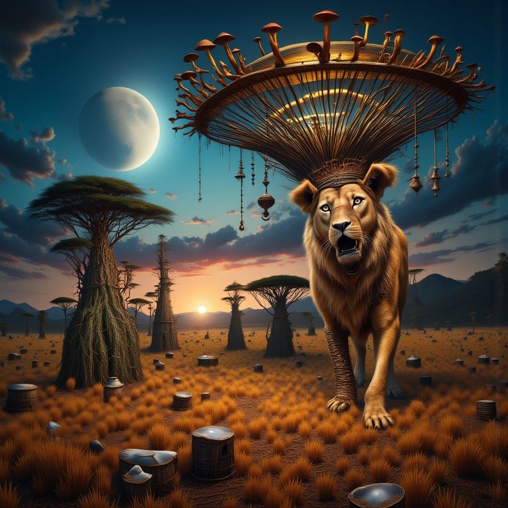 African Savanna Sunrise with Moon and Lion