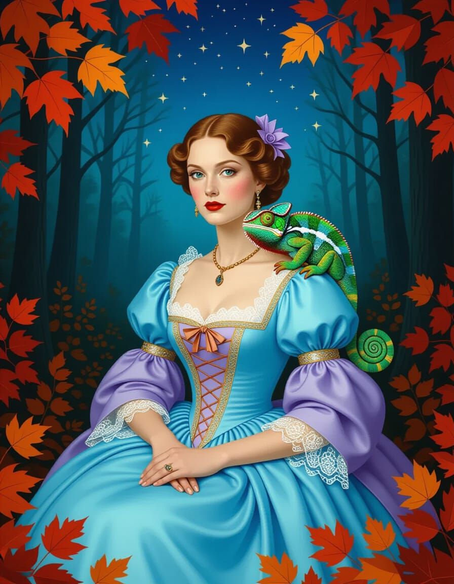 Autumnal Woman in Mystical Forest, Surrealist Style