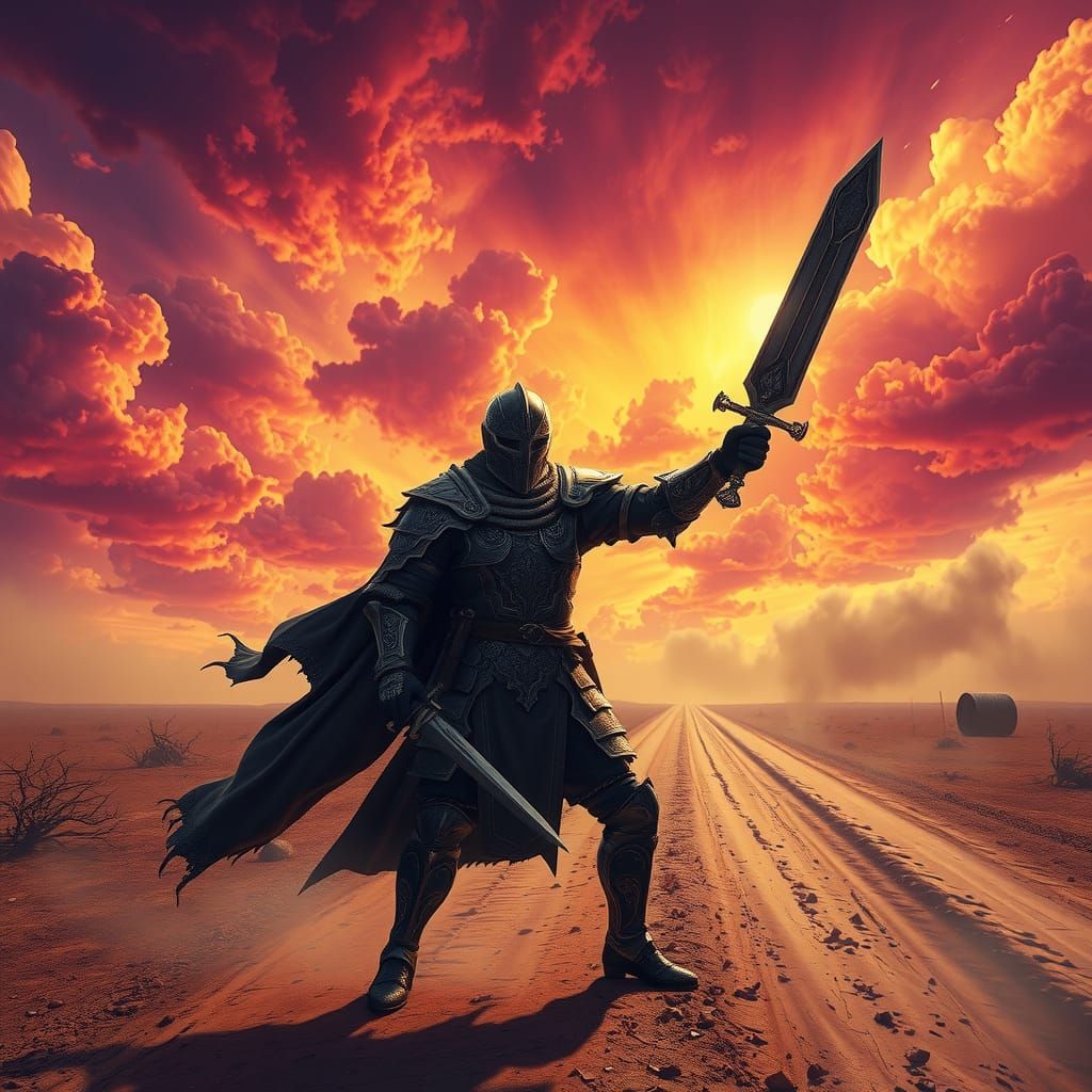 Medieval Warrior in Stormy Field, Fantasy Art