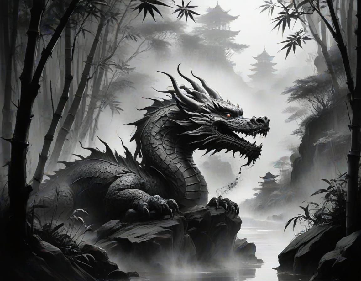 Fearsome Dragon Guards Temple in Monochromatic Ink Wash Pain...