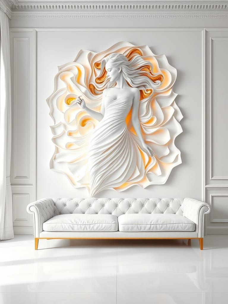 Elegant 3D Relief Art in Classic Room with Amber Glow