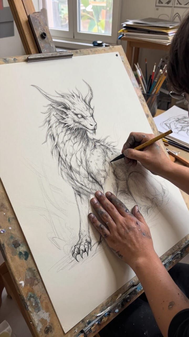 Artist's Hands Sketching Mythical Creature in Studio