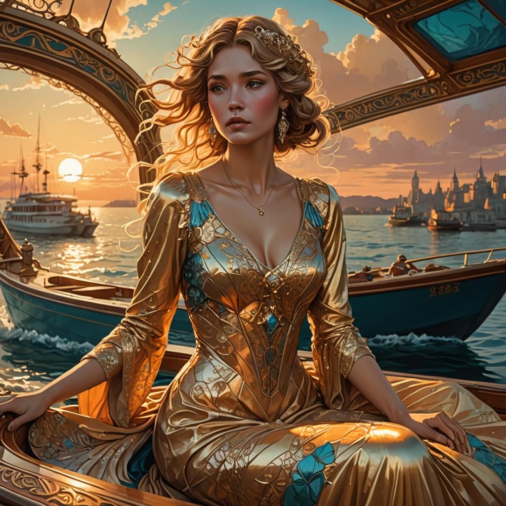 Golden Goddess at Sunset: Art Nouveau Style