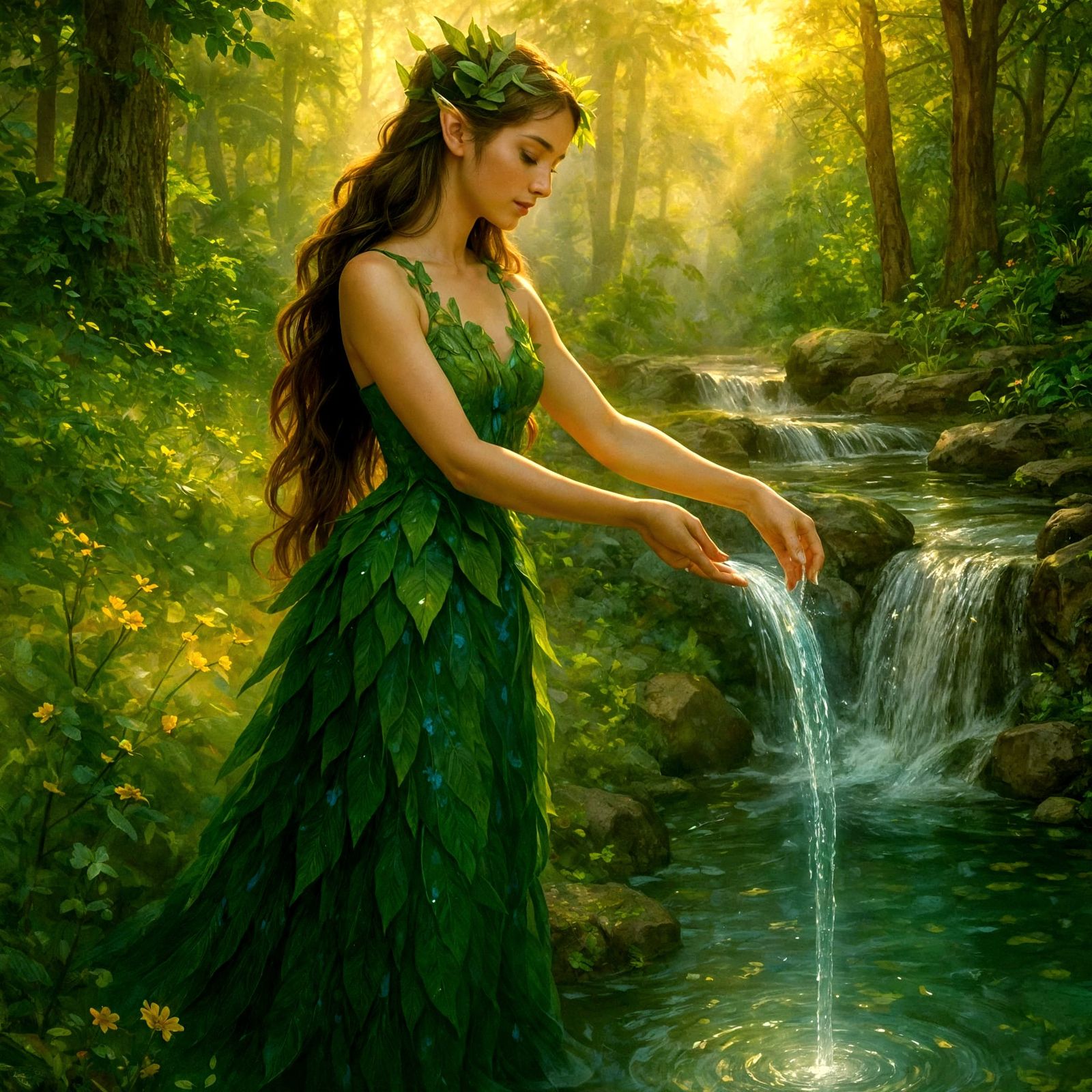 Forest Nymph Pouring Water, Digital Painting
