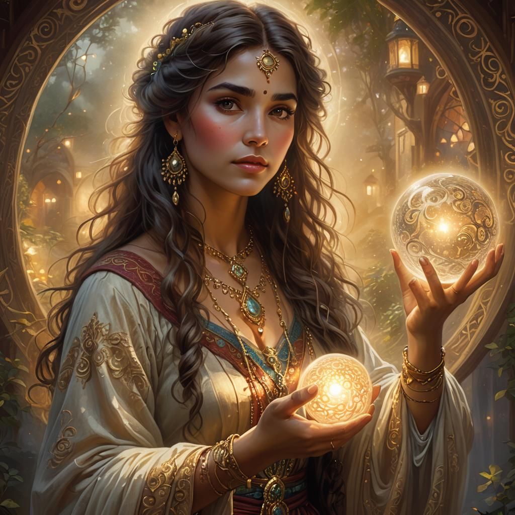 Mystical Gypsy Woman Gazing into Glowing Orb