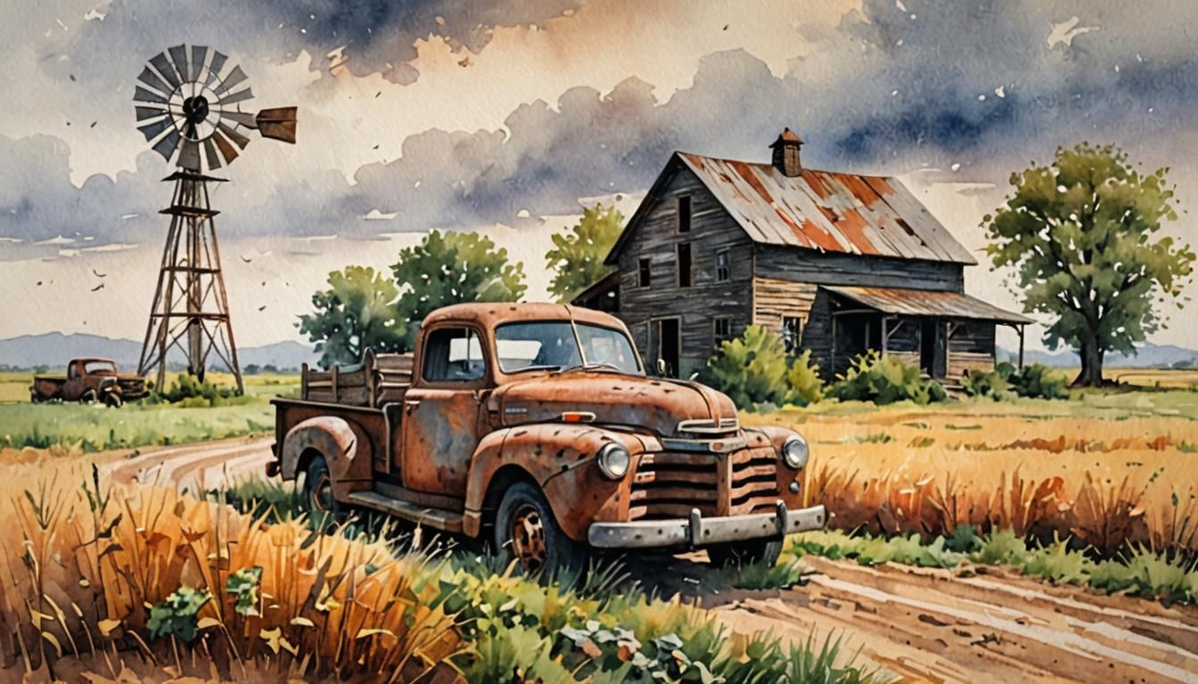 Watercolor Windmill and Truck in Overgrown Field