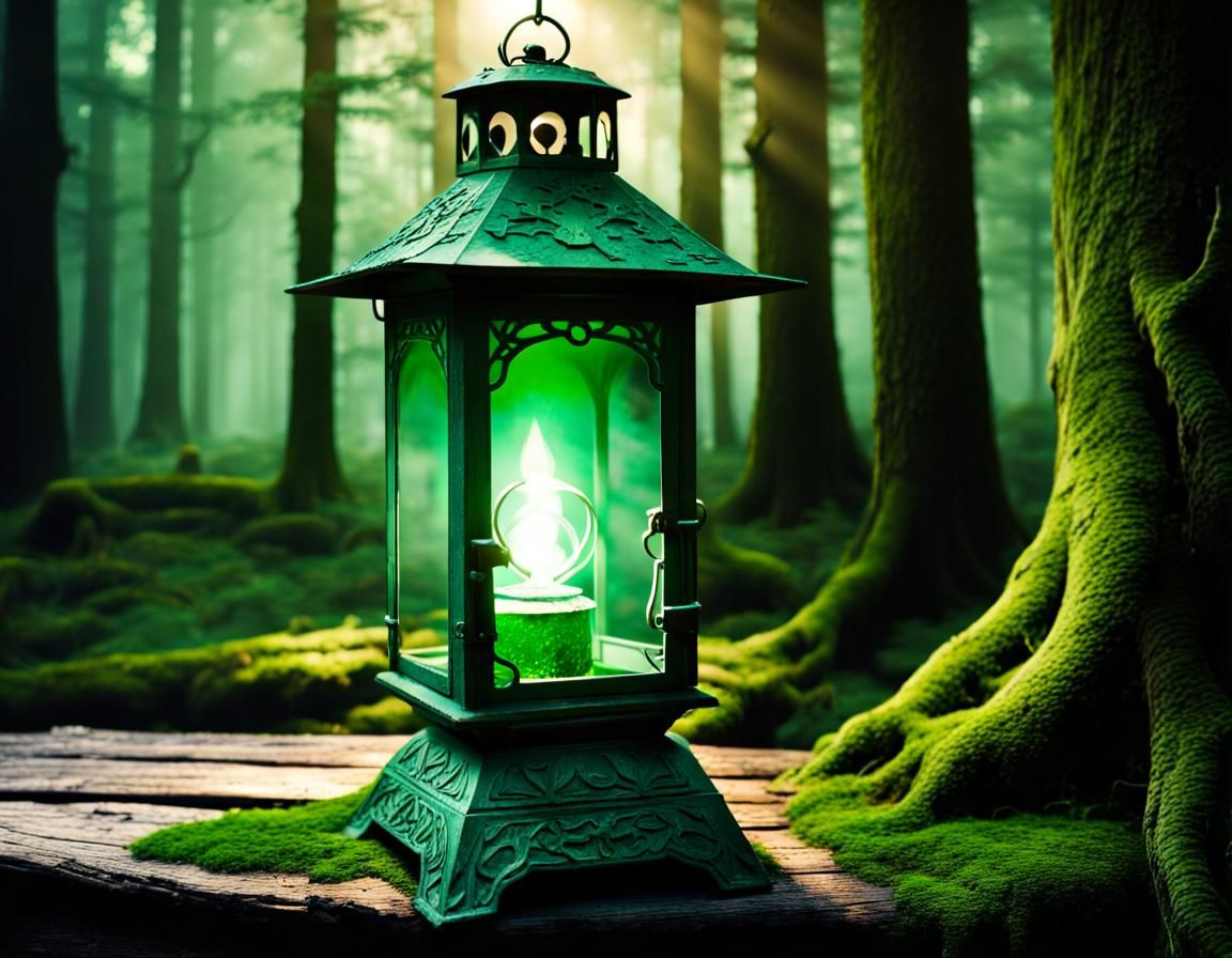 Emerald Lantern in Ancient Forest with Elvish Glow