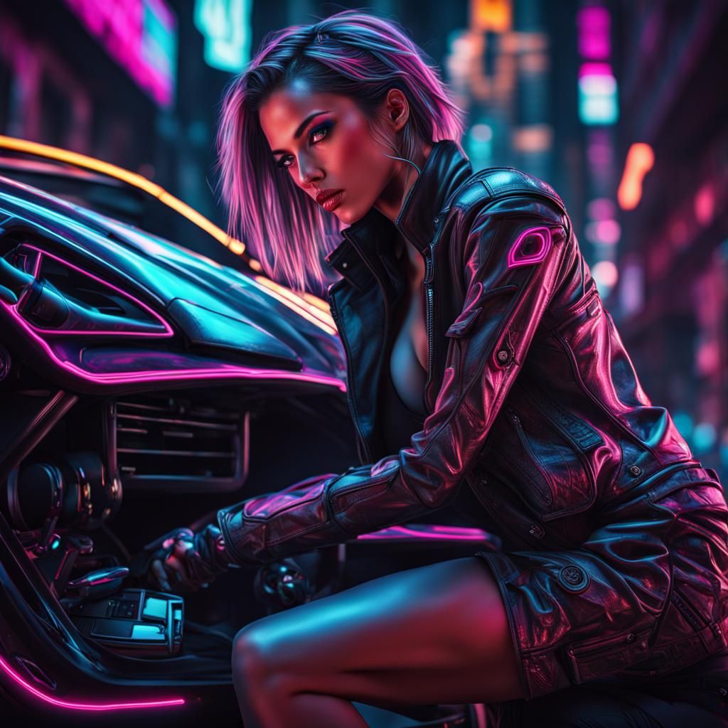 Cyberpunk Sports Car with Neon and Woman