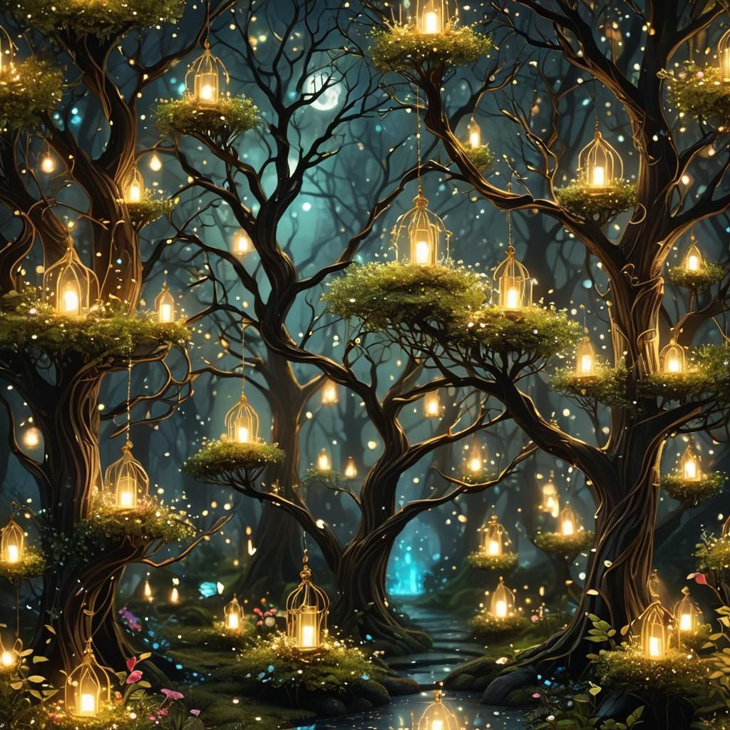 Enchanted Forest with Divine Lights and Sparkles