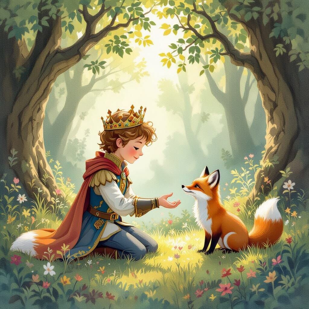 Prince and Fox in Enchanted Forest Storybook Style