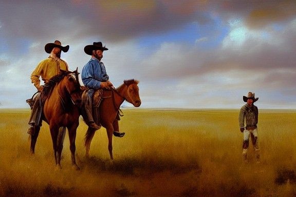 Cowboy Standoff: Renaissance Oil Painting in Prairie
