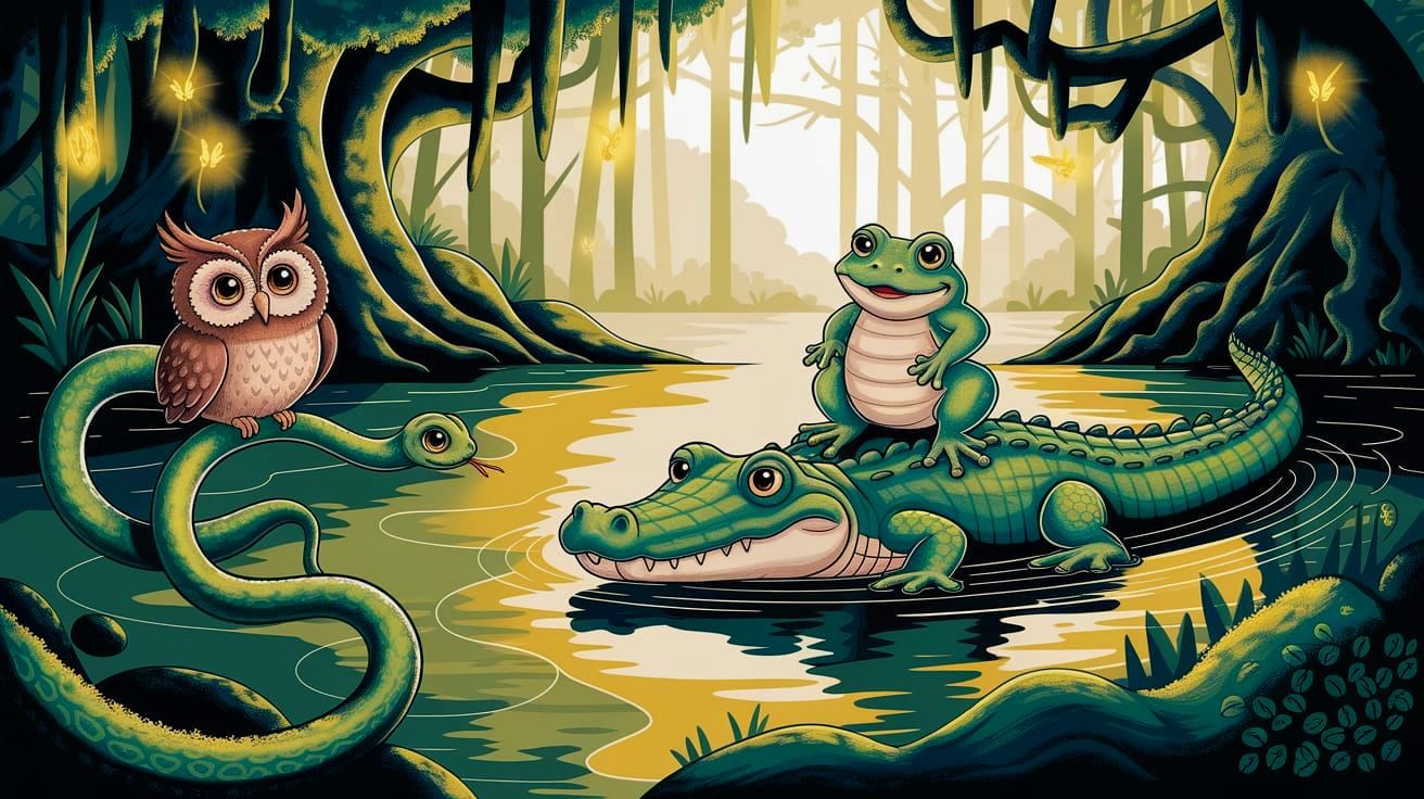 Whimsical Forest Scene: Owl, Snake, Frog & Alligator