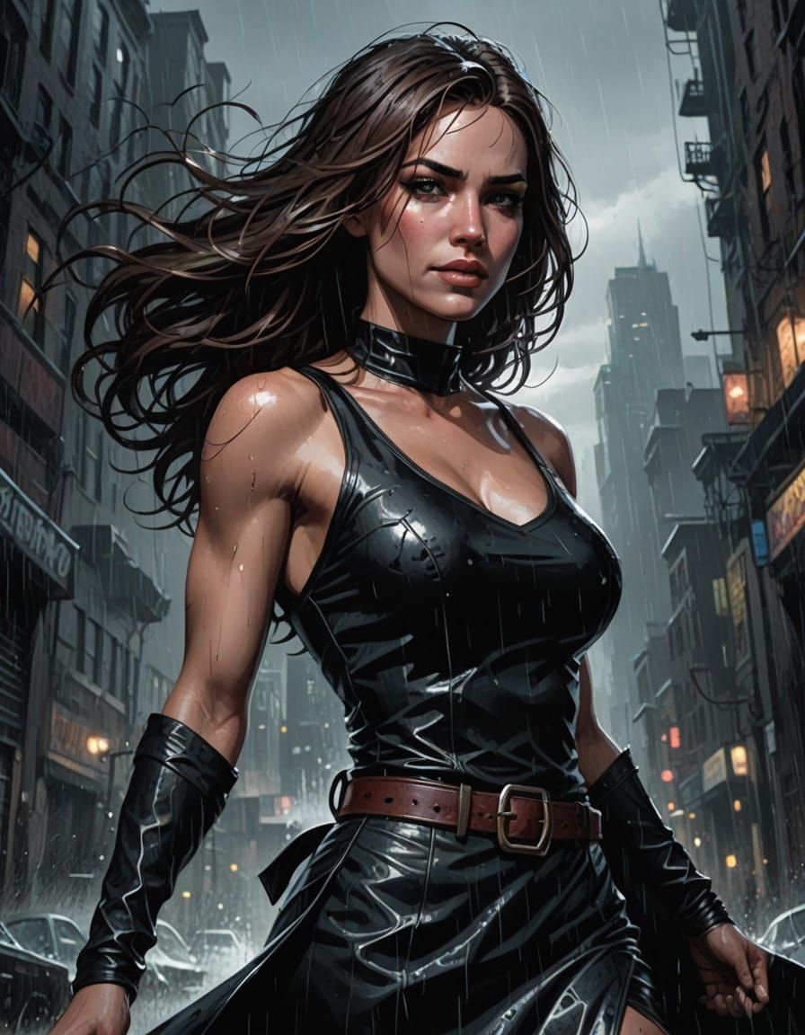 Woman Embracing the Storm in a Gritty Urban Landscape