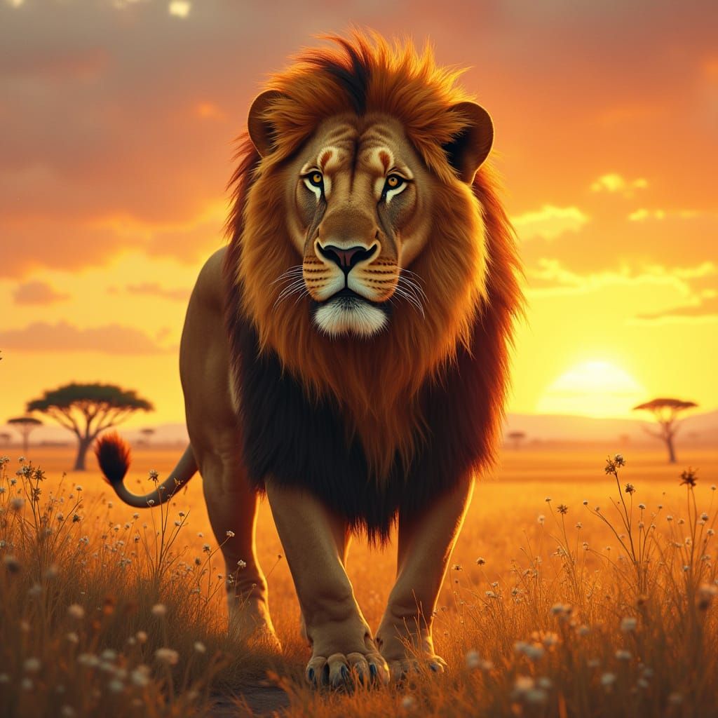 Majestic Lion in Savannah Landscape, Digital Art
