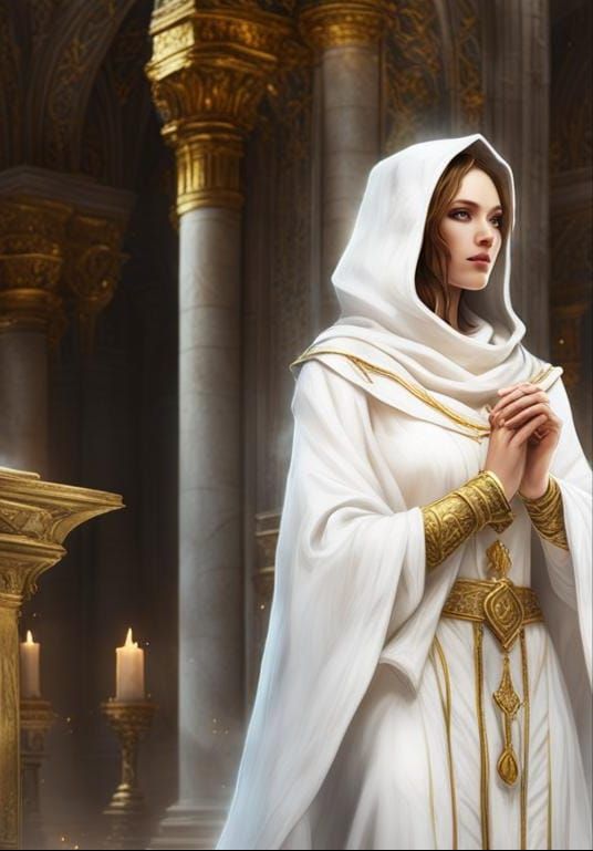 Radiant Cleric of Bahamut Praying in Temple