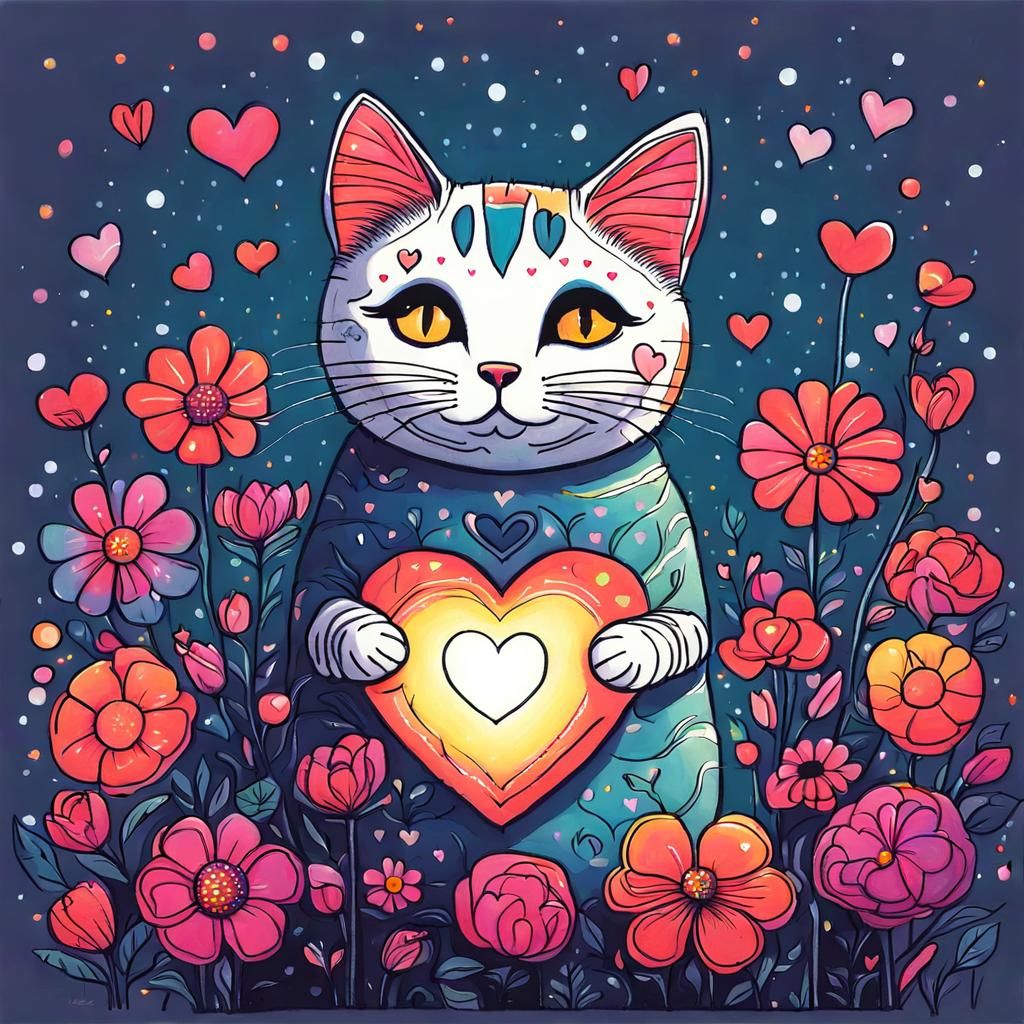Cute Cat with Flowers in Art Brut Style