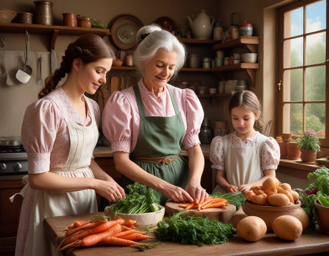 Warm Country Kitchen Scene: Woman and Children Preparing Veg...