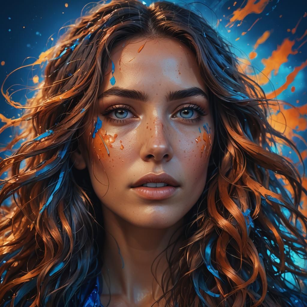 Majestic Woman with Flowing Hair in Splash Art