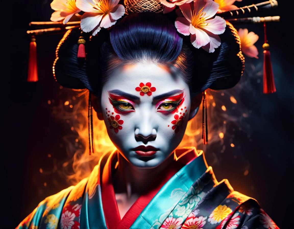 Geisha Warrior with Glowing Tattoos in Hyperrealistic Style