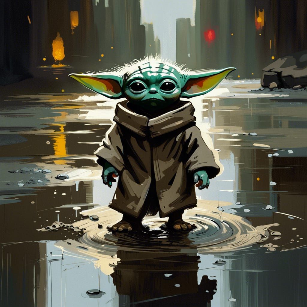 Baby Yoda in Mud Puddle: Intricate Oil Painting