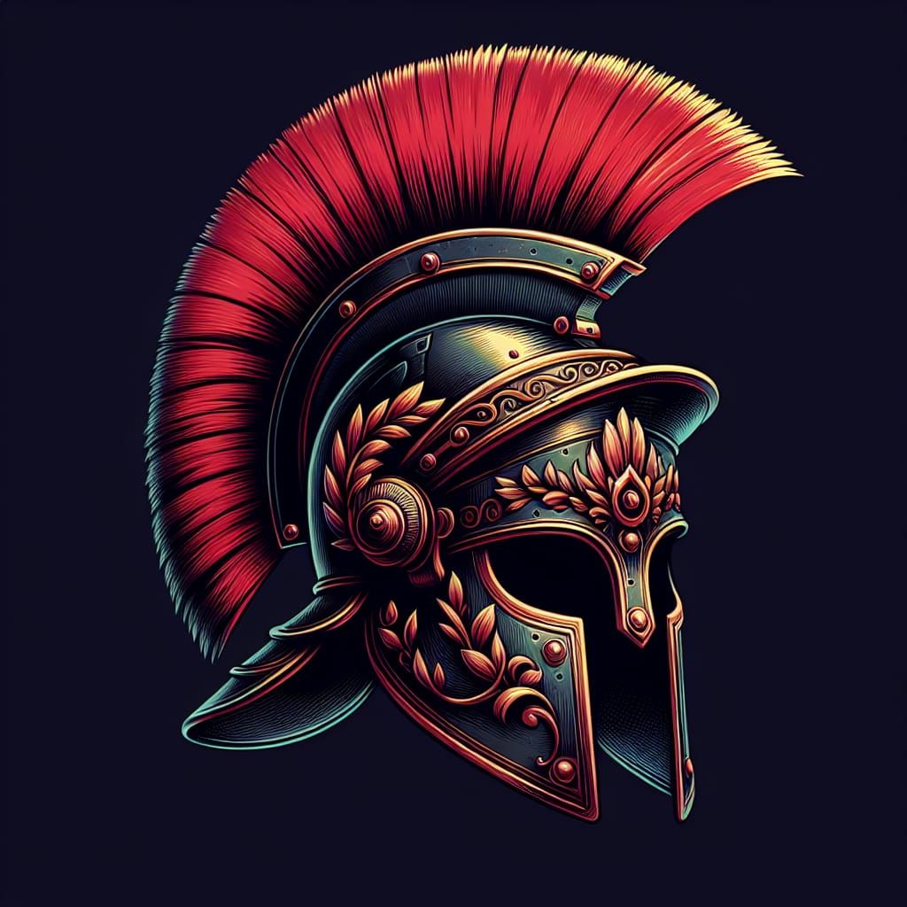 Roman Warrior Helmet with Red Crest: Matte Painting