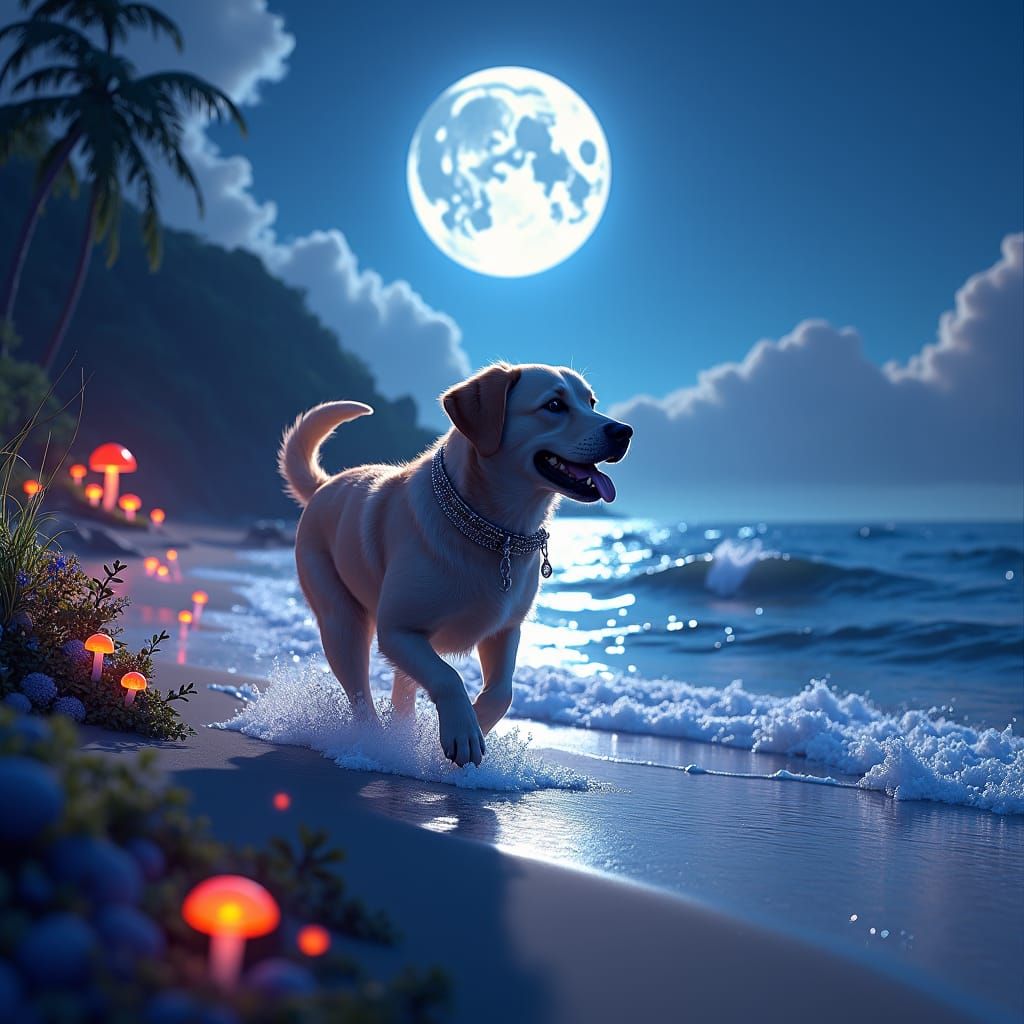 Labrador on Moonlit Beach in Fantasy Concept Art