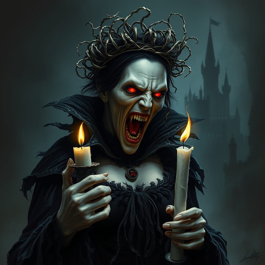 Dark Vampire Queen Scream in Fury with Candlelit Shadows