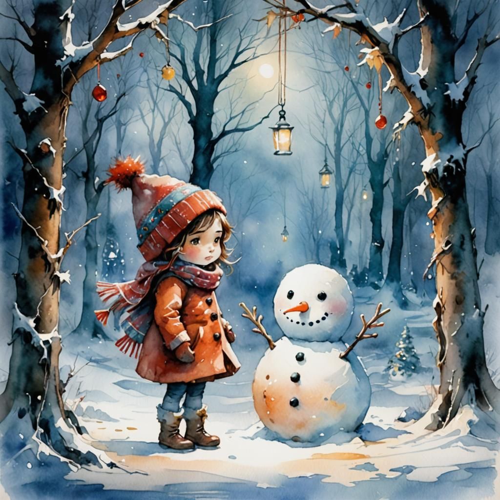 winter watercolor fantasy christmas arch and garland on the ground and features girl and snowman under cold, Art styled ...