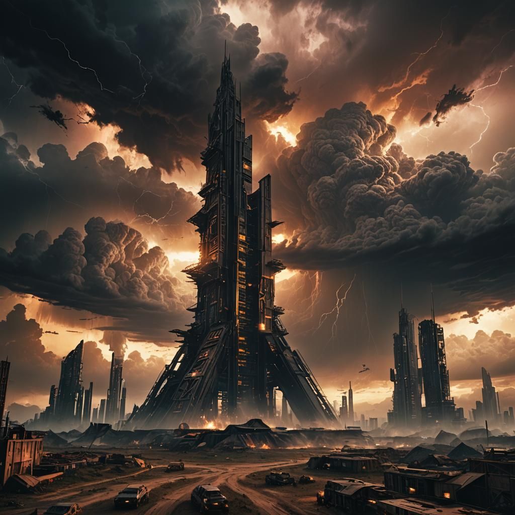 Epic Sci-Fi Cityscape Under Stormy Skies