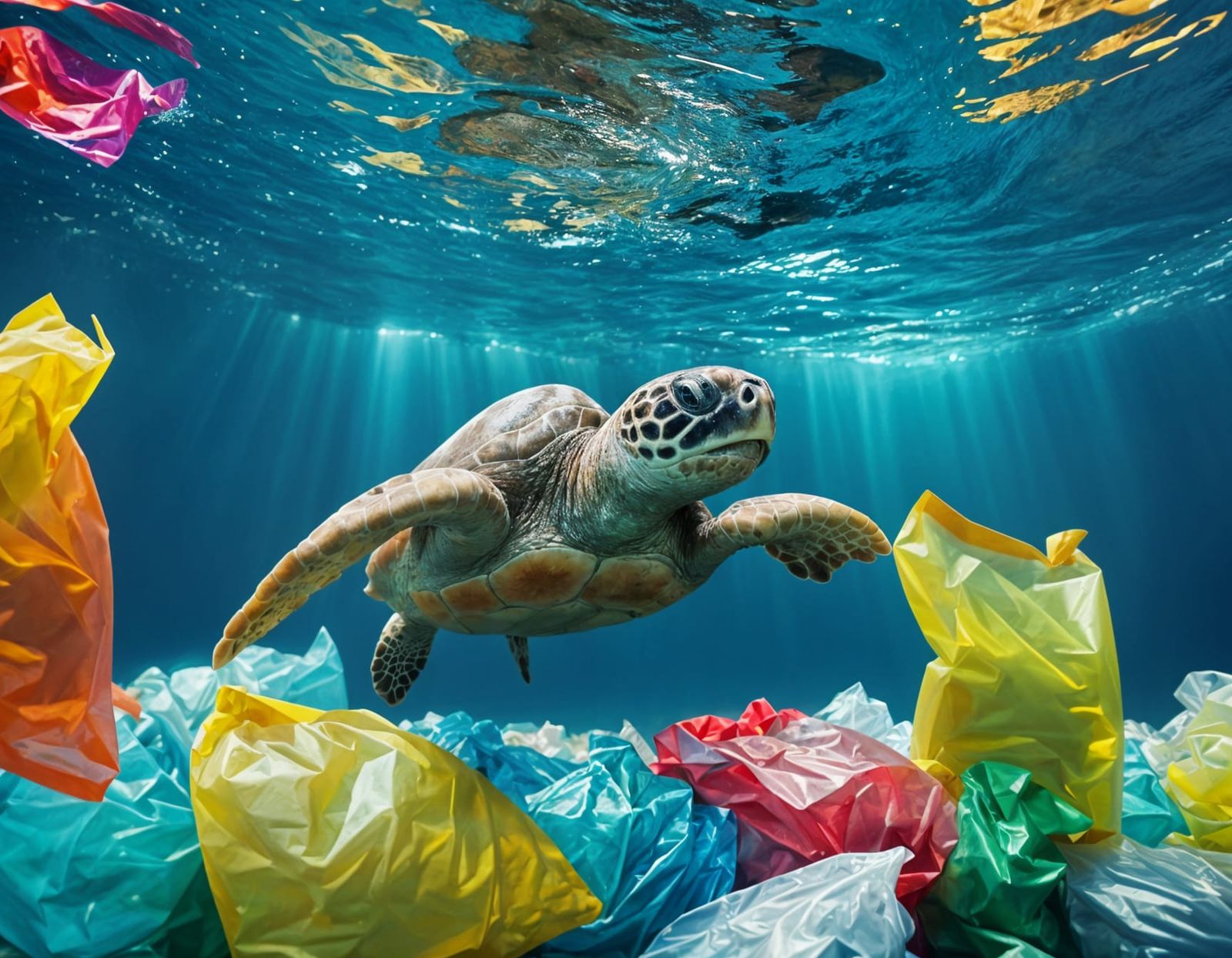 Vibrant Underwater Scene of a Sea Turtle Surrounded by Plast...
