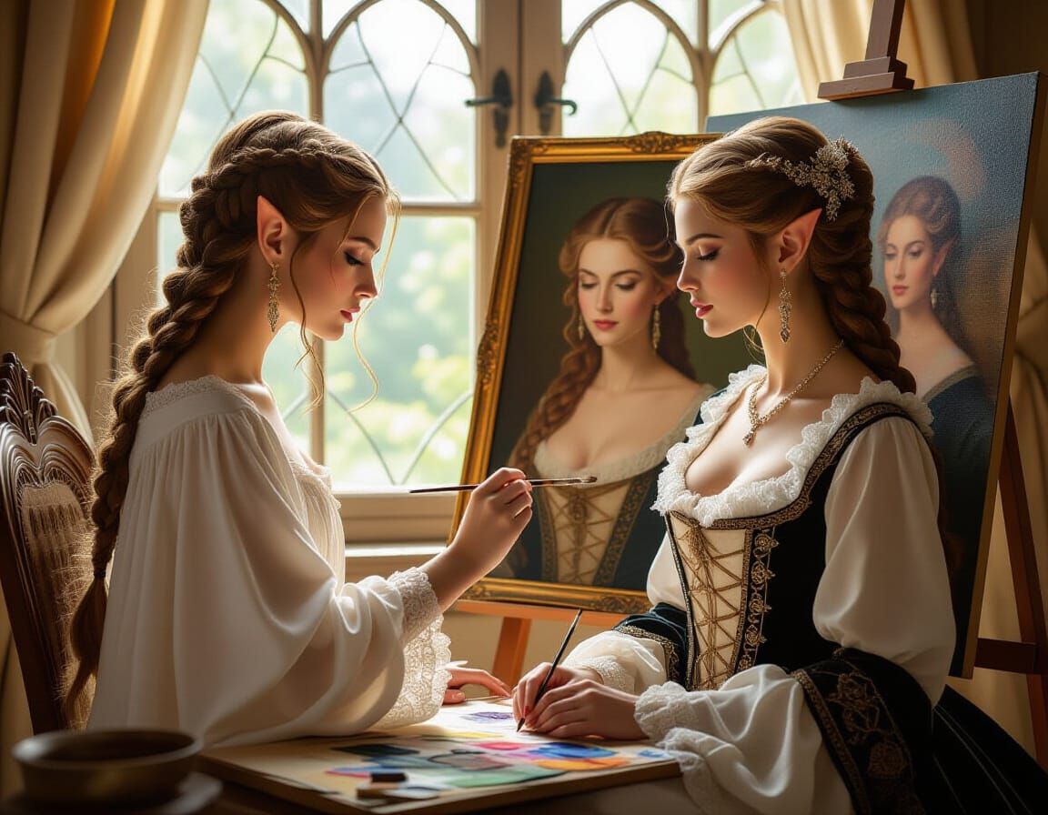 Elf Artist Paints Elegant Lady in 1700s Attire