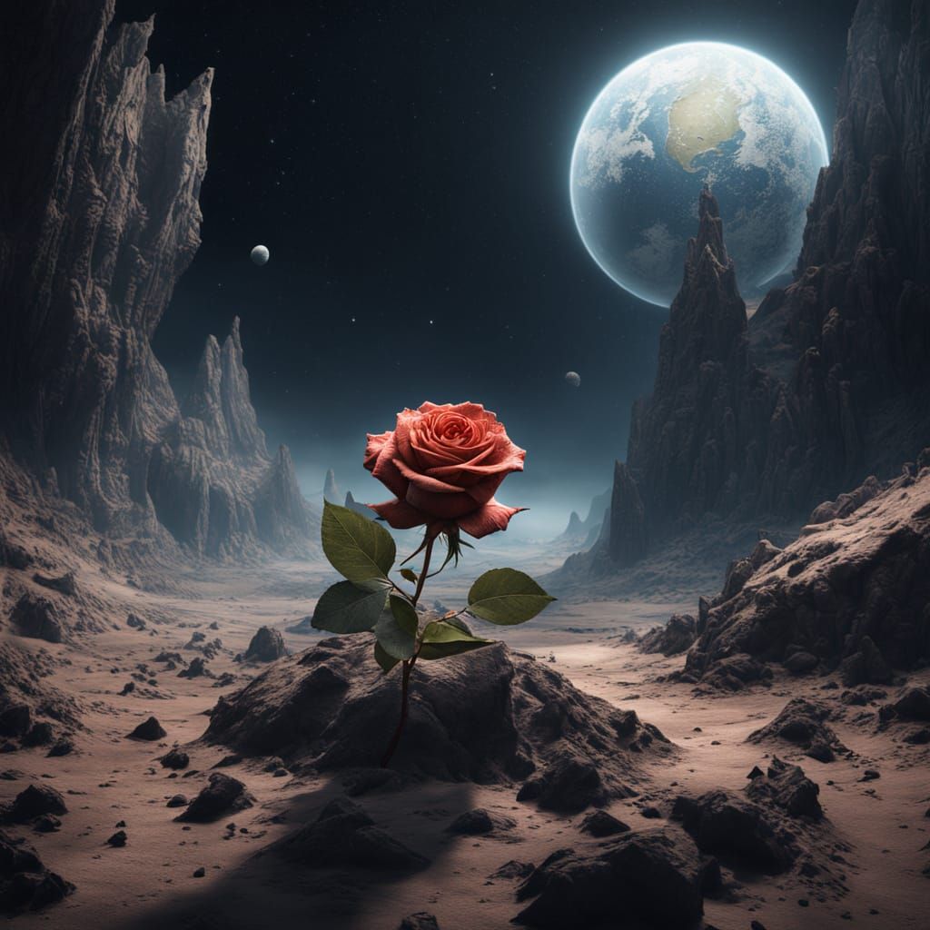 Rose Blooms on Asteroid in Surrealist Style