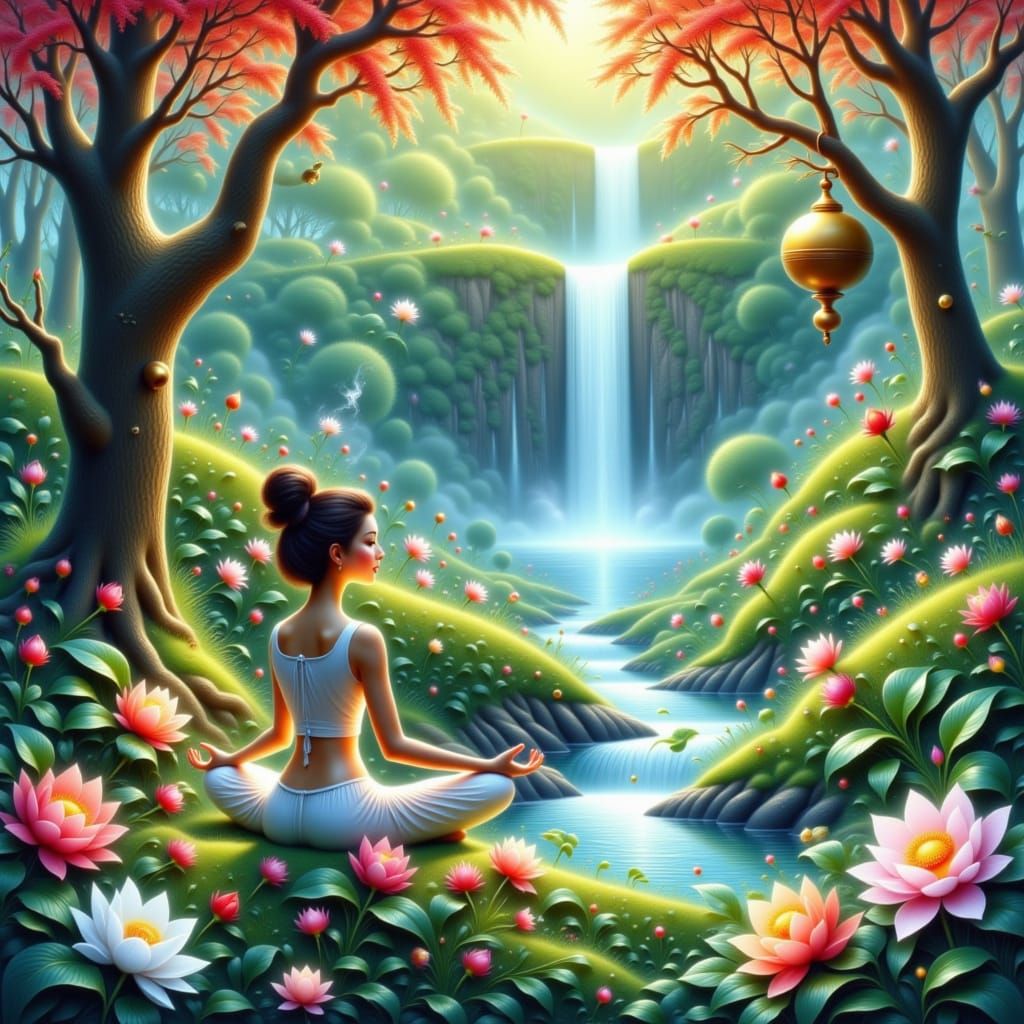 Serene Woman Meditating by Waterfall in Bloom