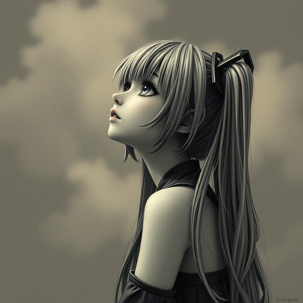Vintage-Inspired Portrait of Hatsune Miku in Dark, Cloudy El...