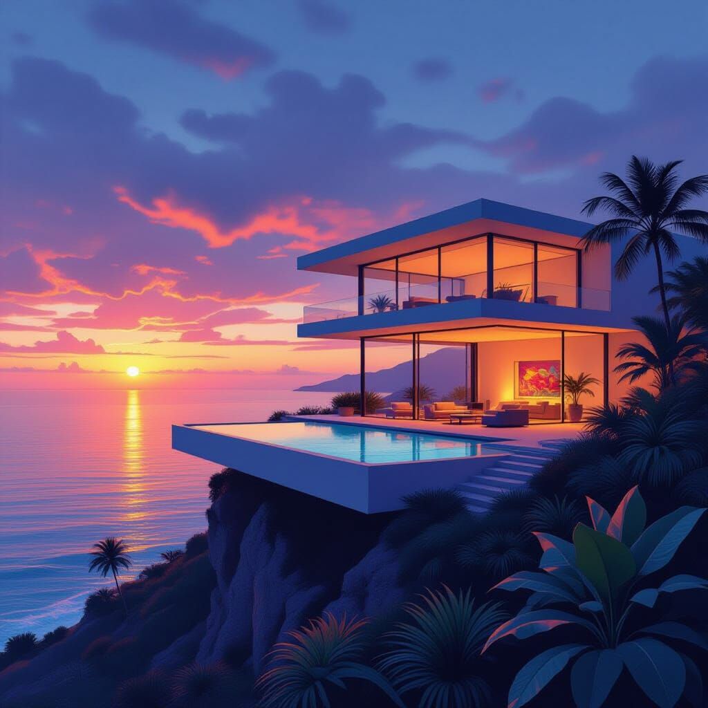 Cliffside Villa at Sunset in Mid-Century Modern Style