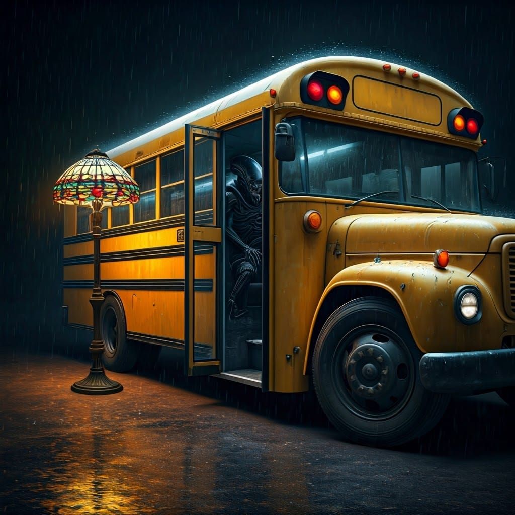 Surreal School Bus with Tiffany Lamp in Rainy Street
