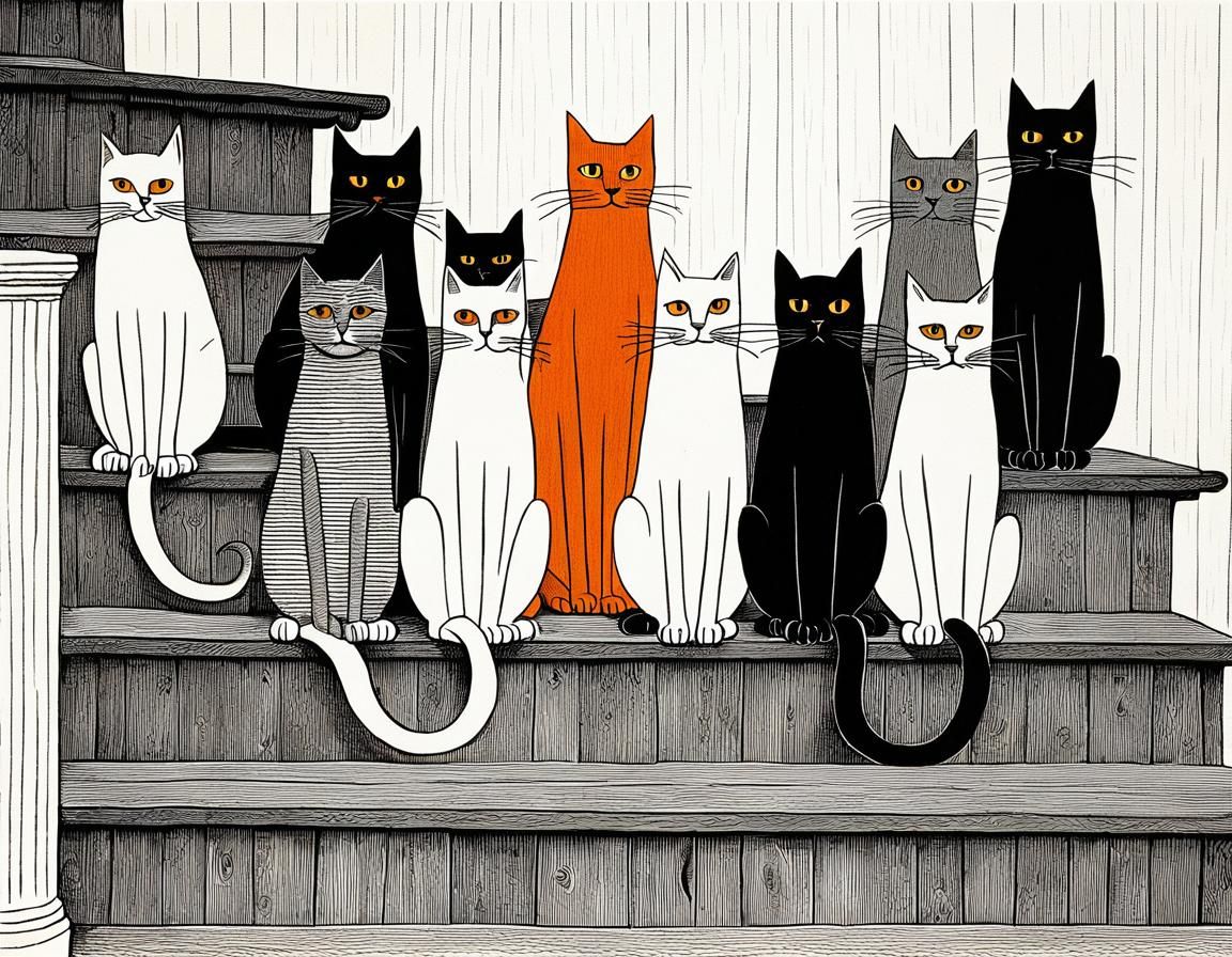 Cats on Stairs Illustration in Edward Gorey Style