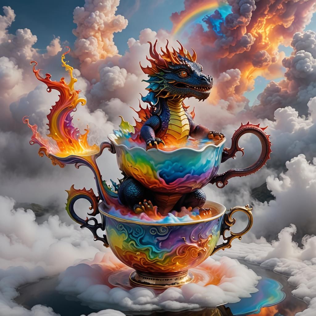 Dragon Baby in Teacup on Fluid Lake