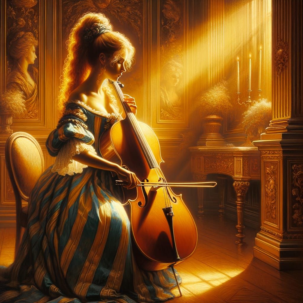Elegant Woman Playing Cello in Impressionistic Style